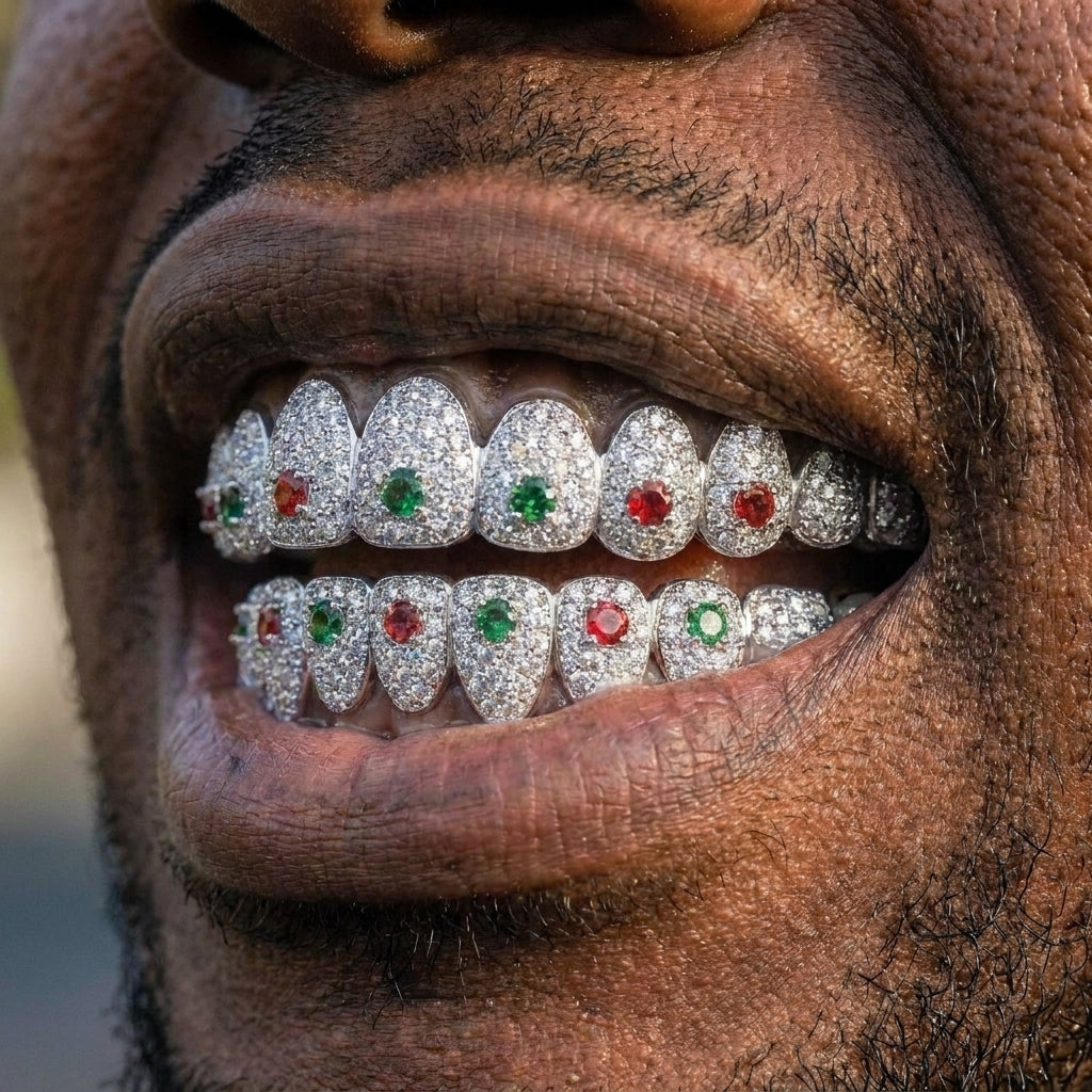 Iced Out Multi-Color Gemstone Grillz Set in Silver