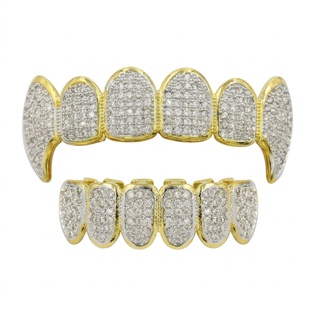 Iced Out Fang Grillz Set in Gold
