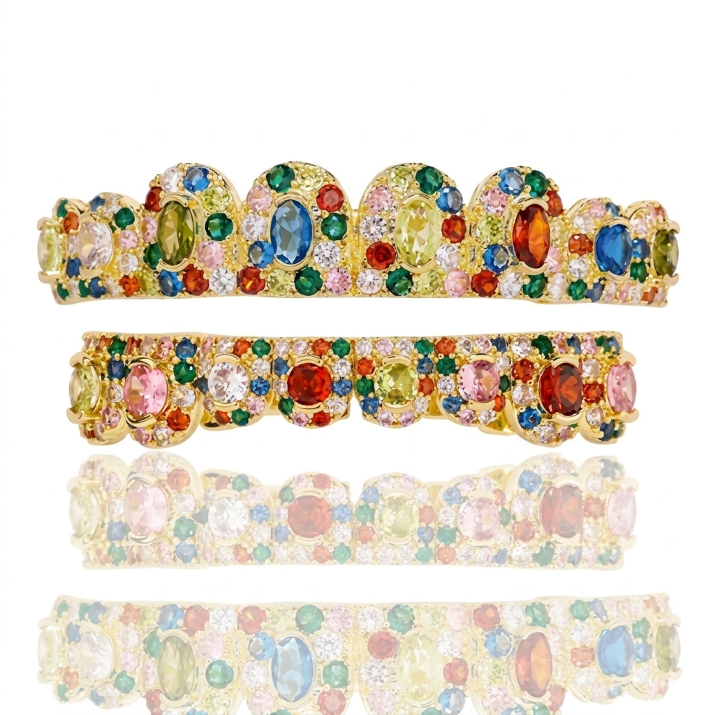 Multicolor Gem Cluster Grillz in Gold