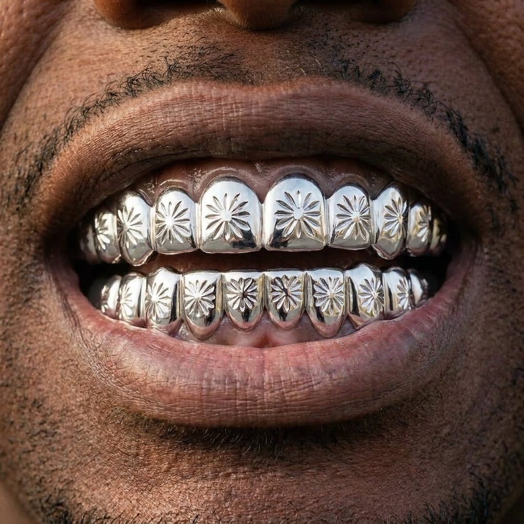 Silver Floral Engraved Grillz Set