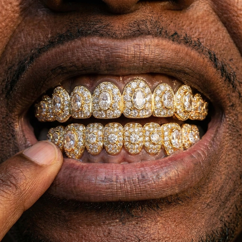 Iced Out Diamond Cluster Grillz Set in Gold