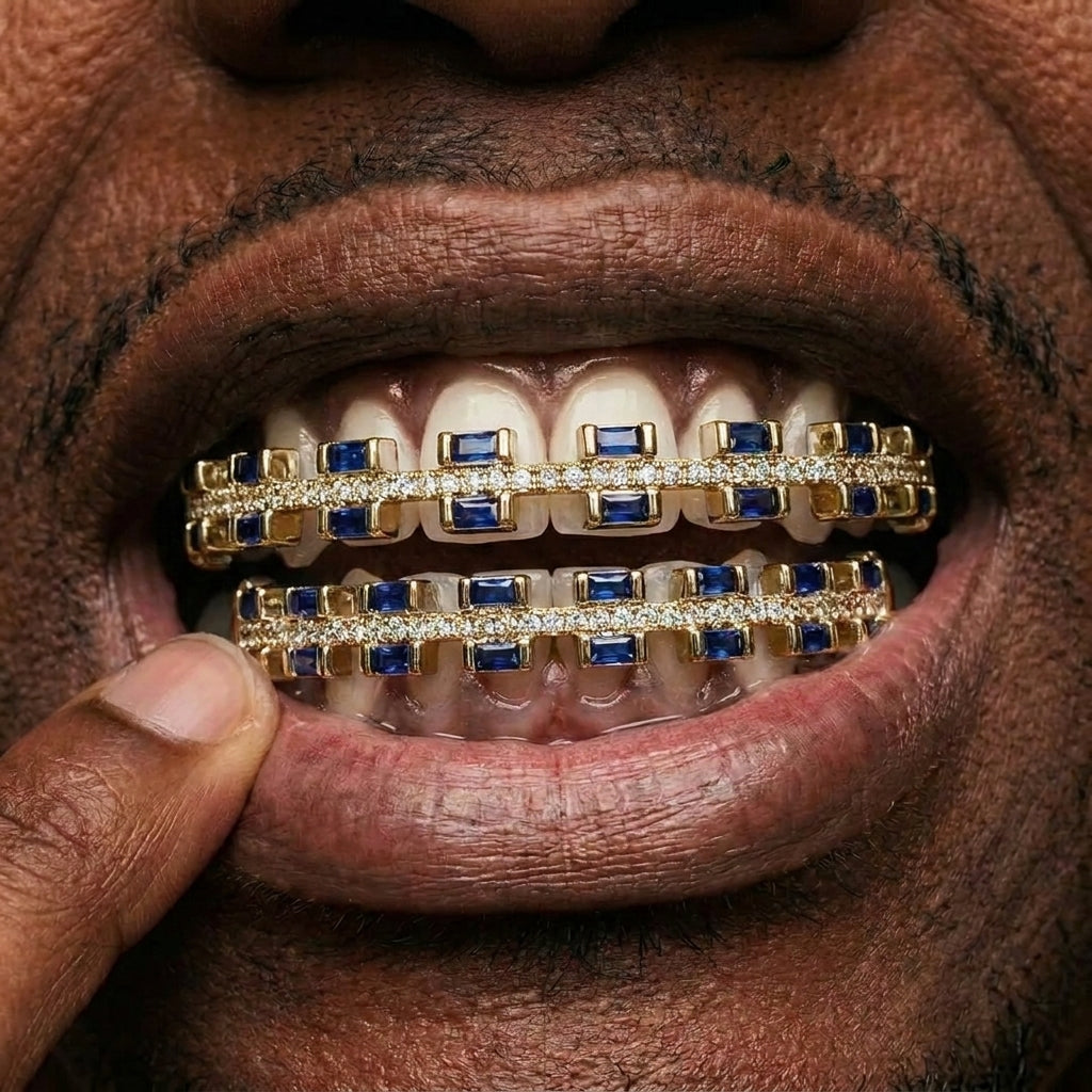 Blue Sapphire & Diamond Grillz Set in Gold