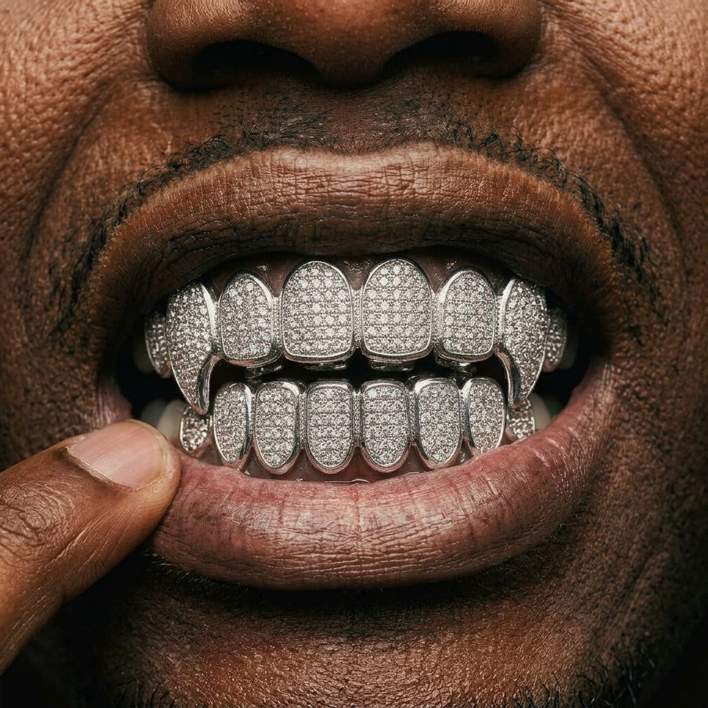 Iced Out Fang Grillz Set in Silver