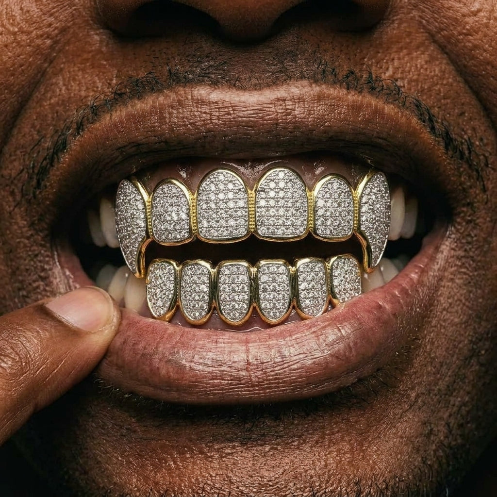 Iced Out Fang Grillz Set in Gold