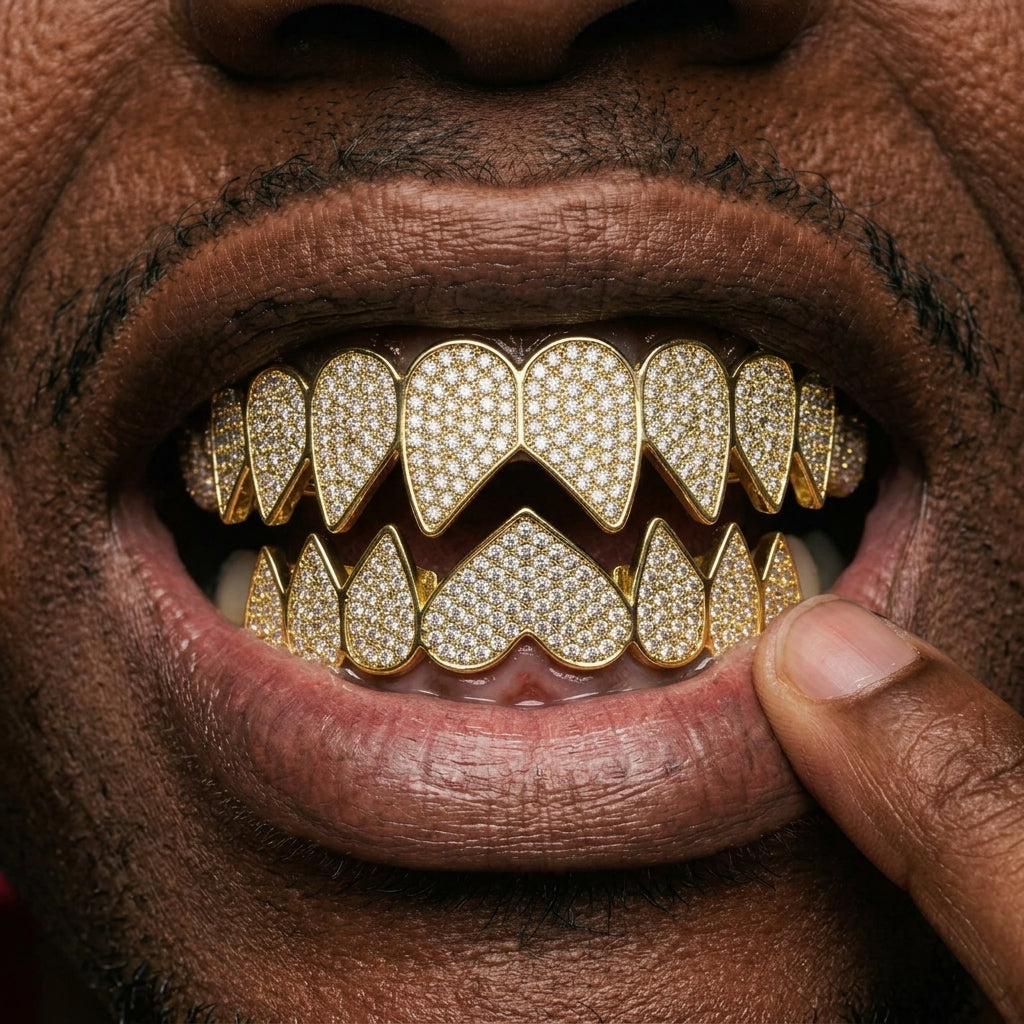 Gold Iced Out Heart Grillz Set