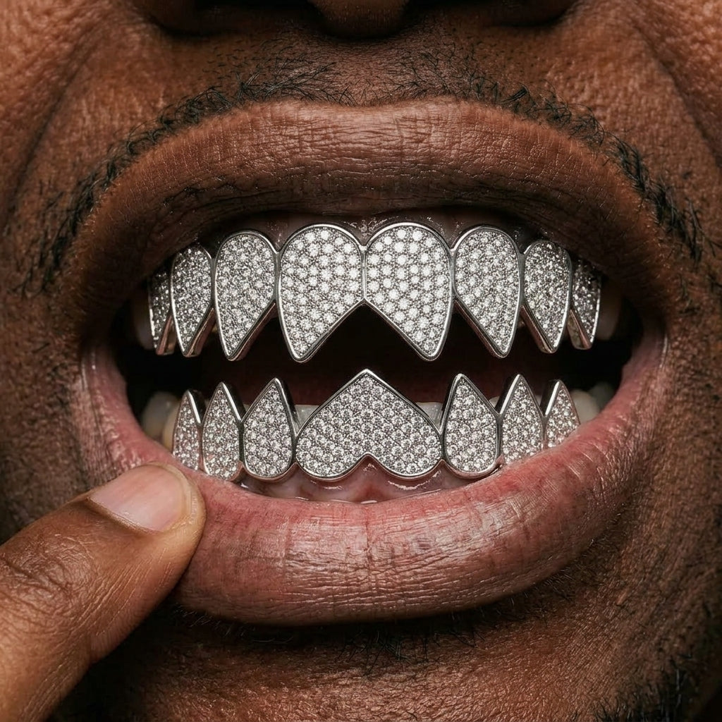 Silver Iced Out Heart Grillz Set