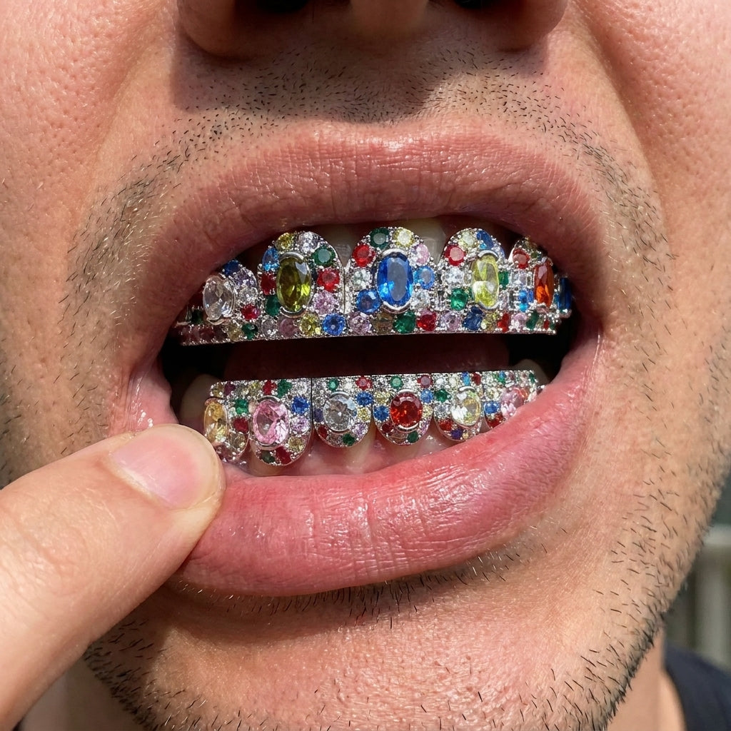 Silver Multicolor Gem Cluster Grillz
