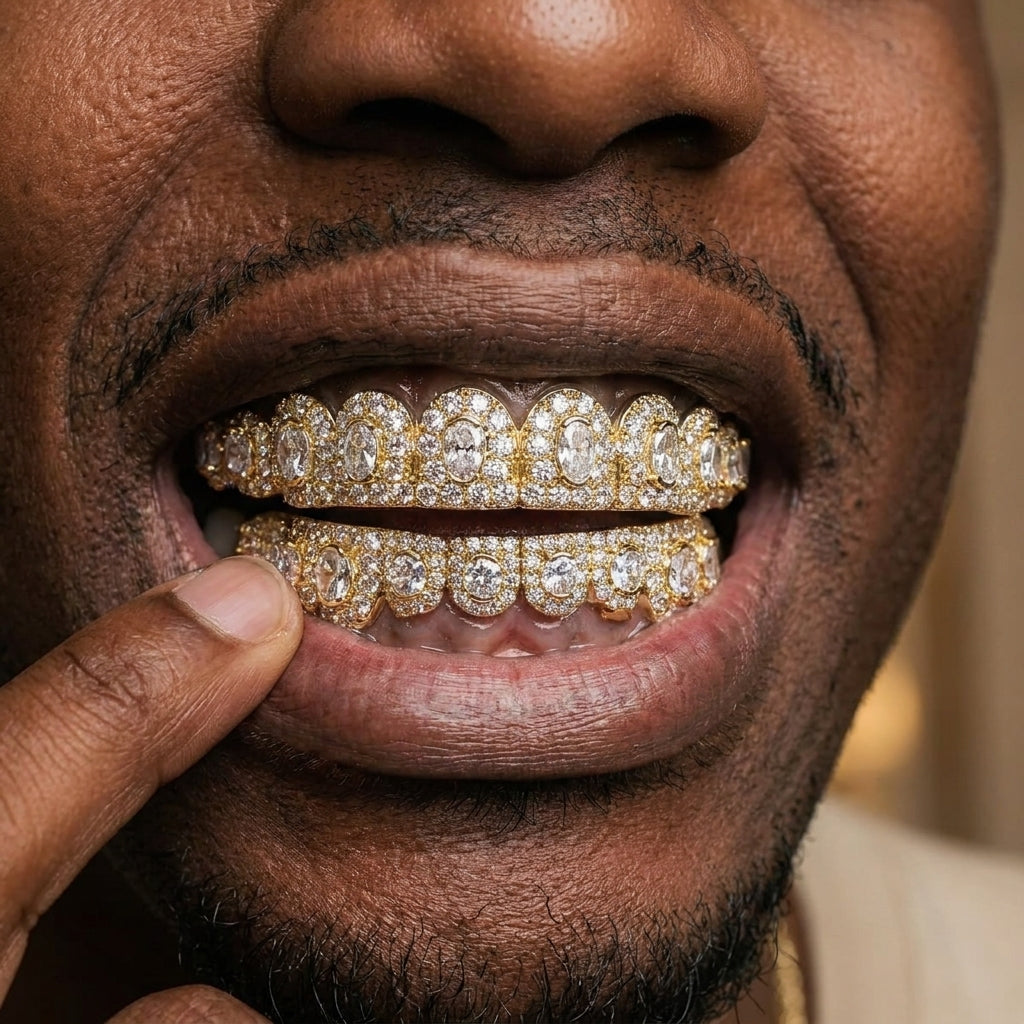 Iced Out Diamond Cluster Grillz Set in Gold