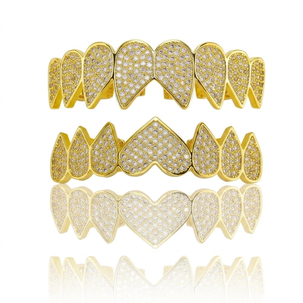 Gold Iced Out Heart Grillz Set