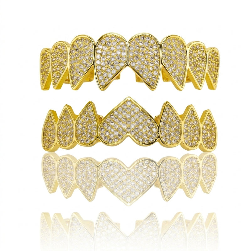 Gold Iced Out Heart Grillz Set