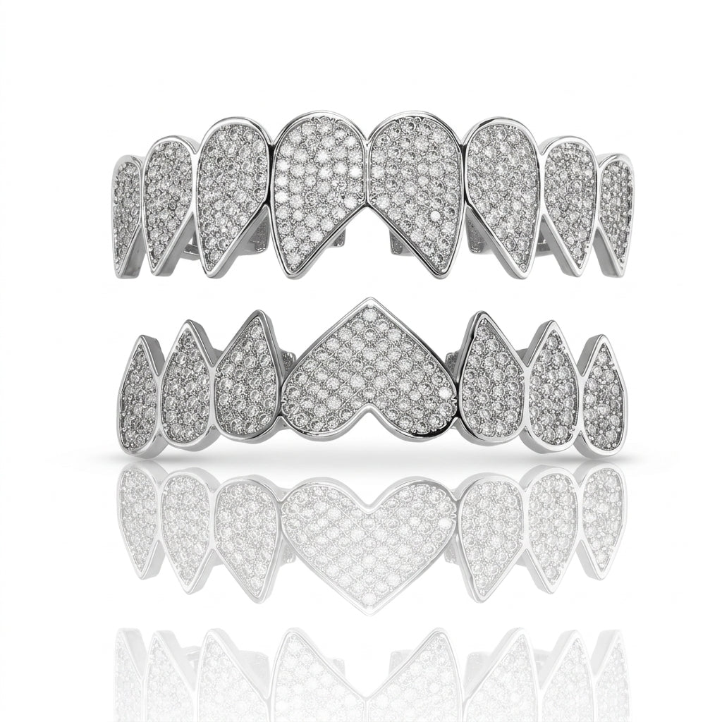 Silver Iced Out Heart Grillz Set