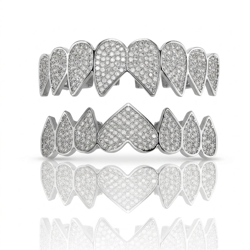 Silver Iced Out Heart Grillz Set