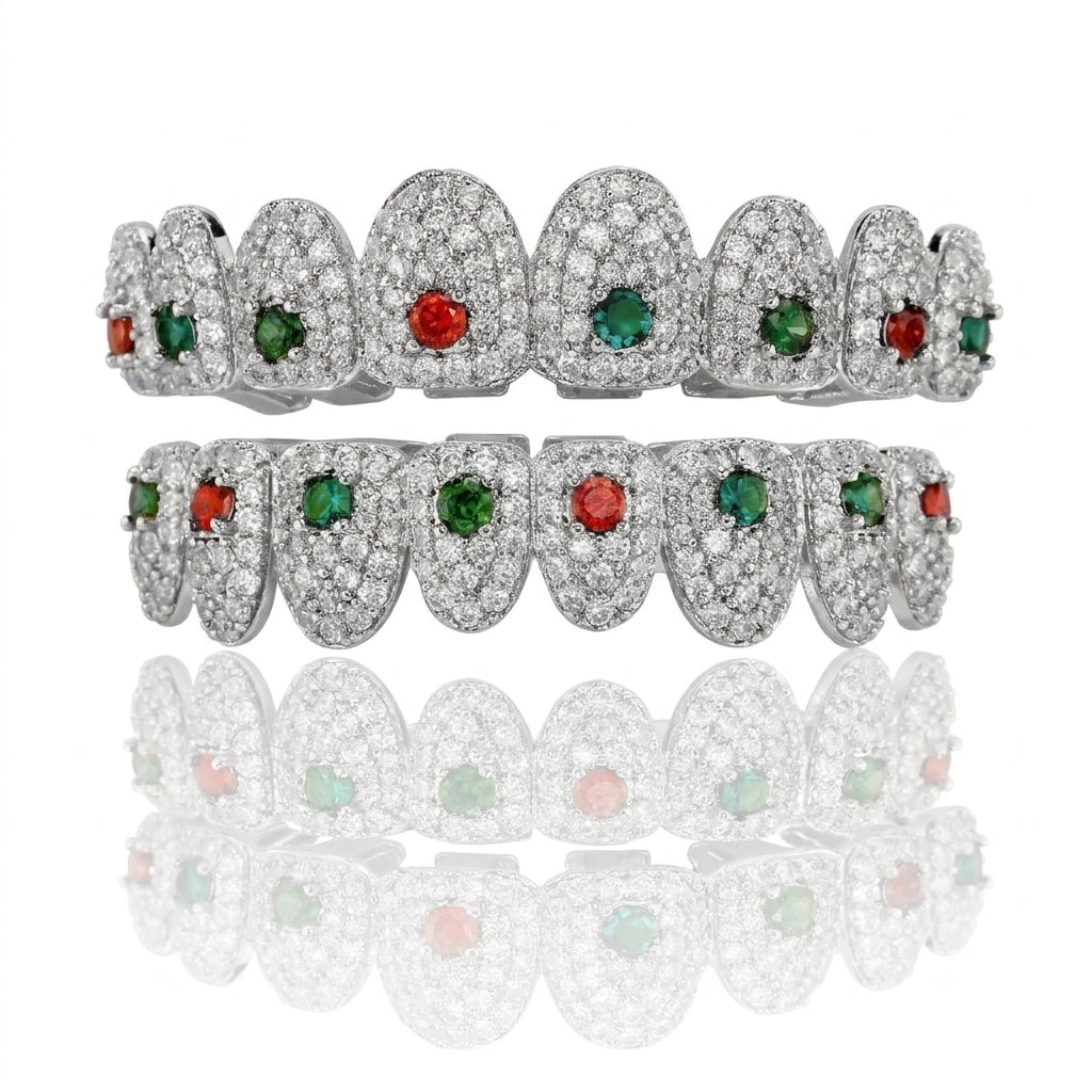 Iced Out Multi-Color Gemstone Grillz Set in Silver