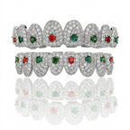 Iced Out Multi-Color Gemstone Grillz Set in Silver