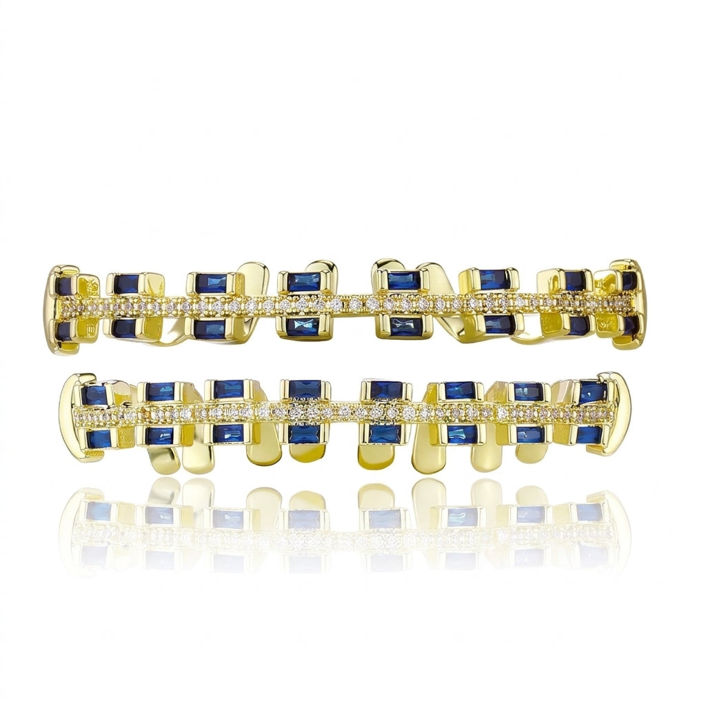 Blue Sapphire & Diamond Grillz Set in Gold