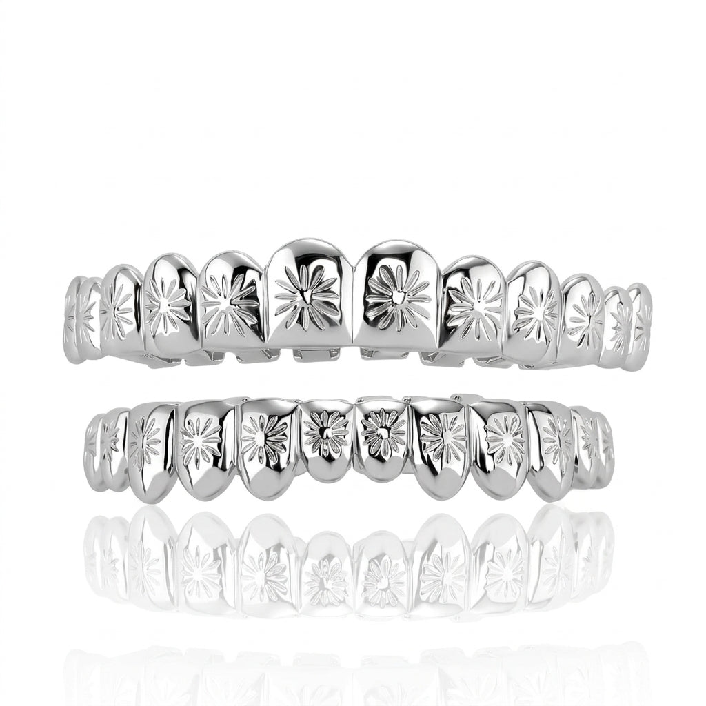 Silver Floral Engraved Grillz Set