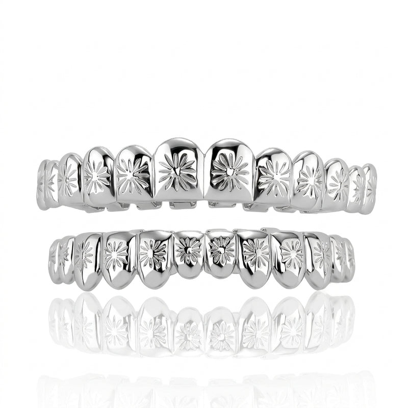 Silver Floral Engraved Grillz Set