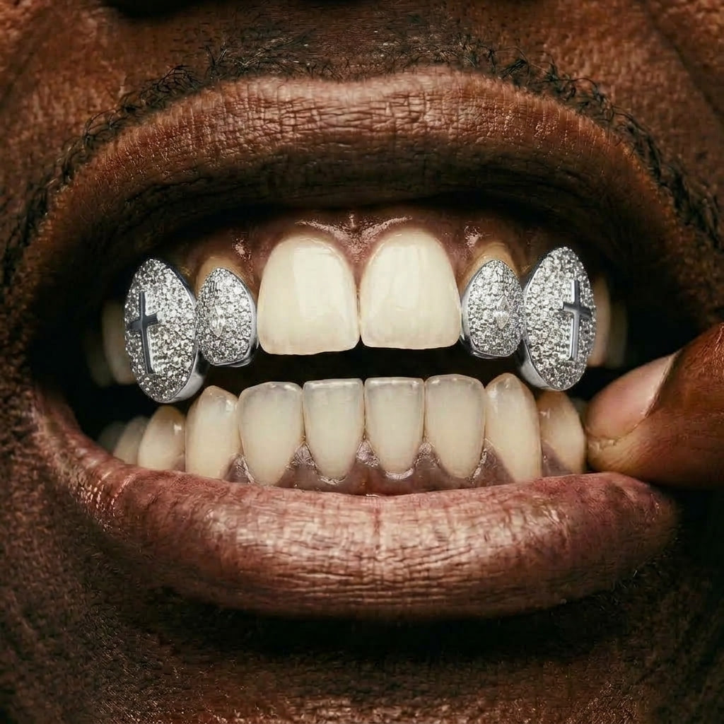 Silver Iced Out Cross Grillz