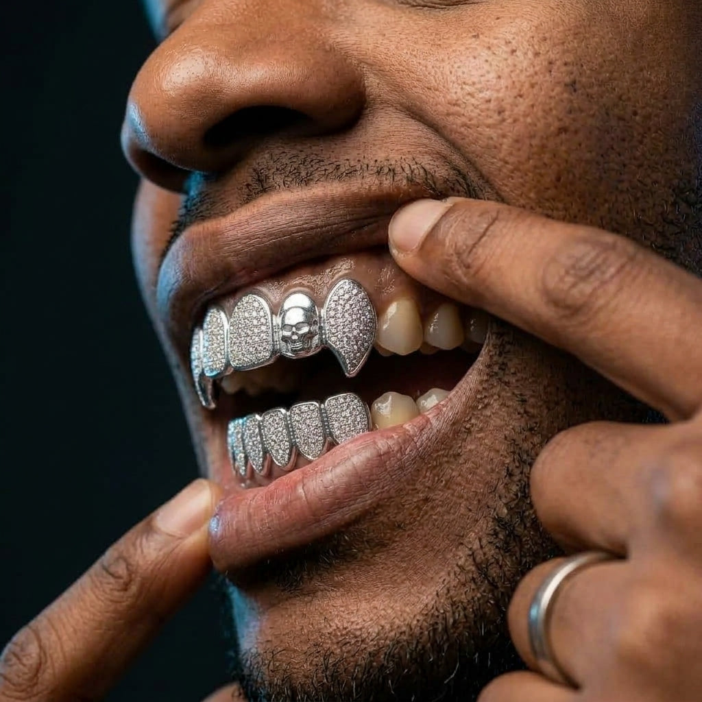 Iced Skull & Diamond Full Set Grillz in Silver