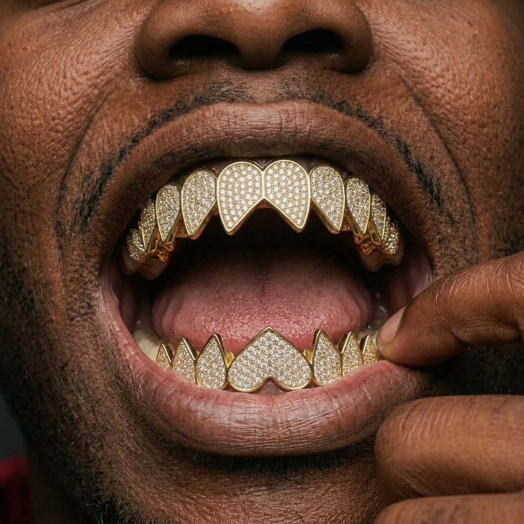 Gold Iced Out Heart Grillz Set