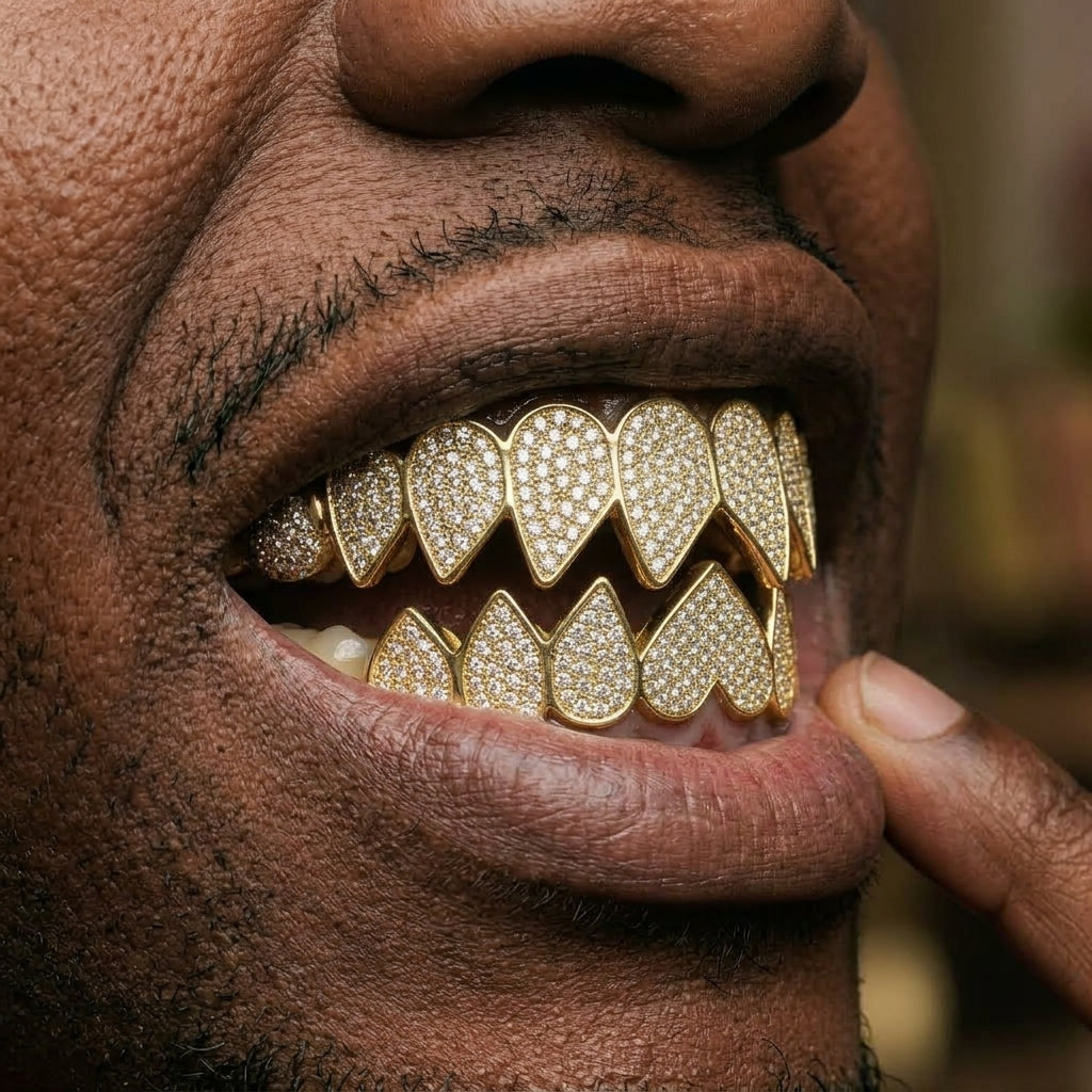 Gold Iced Out Heart Grillz Set