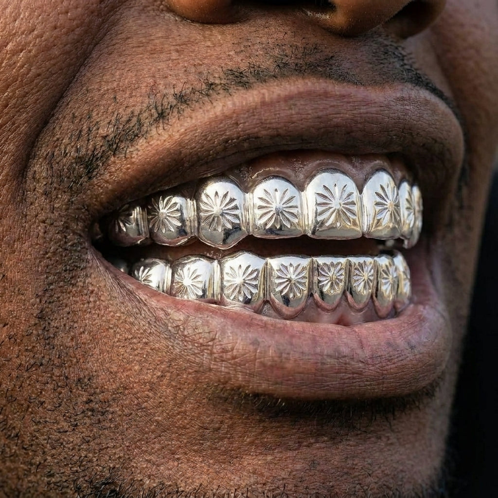 Silver Floral Engraved Grillz Set