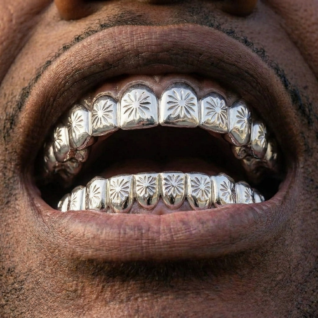 Silver Floral Engraved Grillz Set