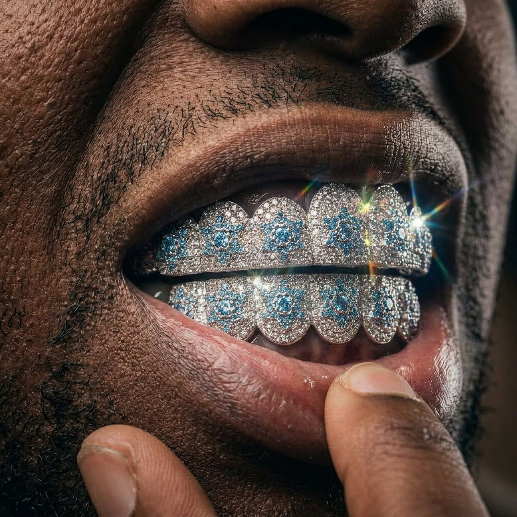 Blue Frost Bloom Grillz in Silver