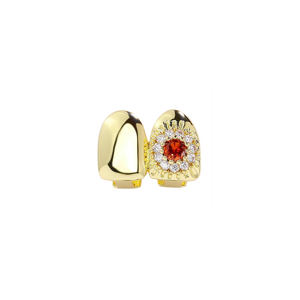 Ruby Diamond Halo Grillz in Gold