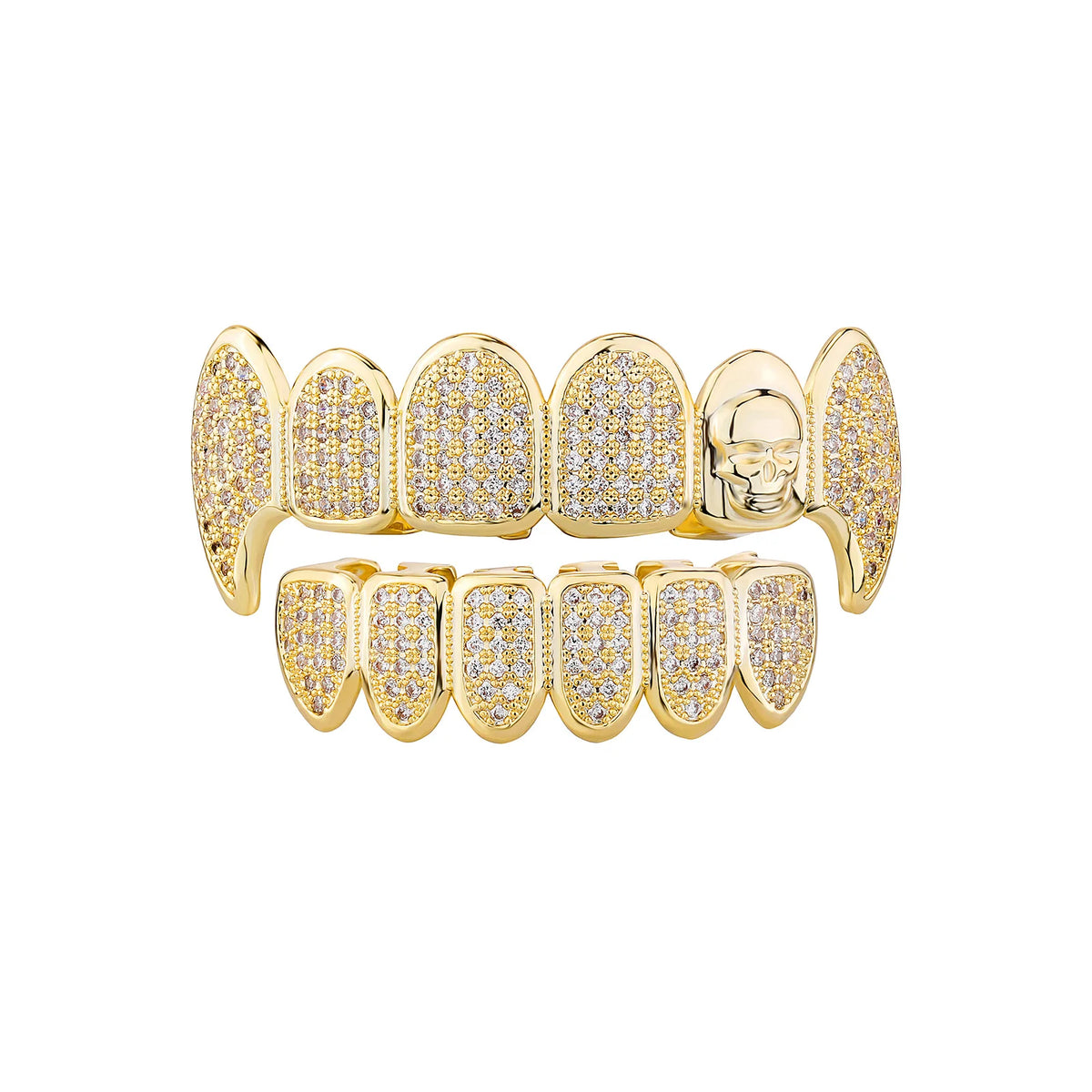 Iced Skull & Diamond Full Set Grillz in Gold