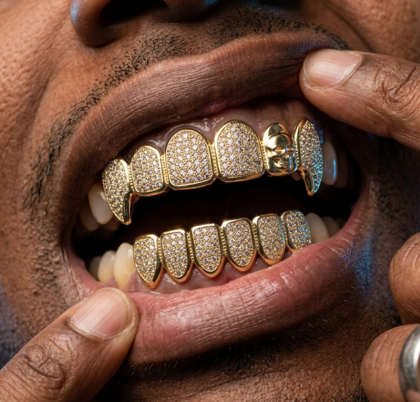 Iced Skull & Diamond Full Set Grillz in Gold