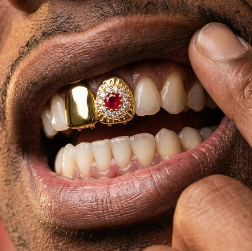 Ruby Diamond Halo Grillz in Gold
