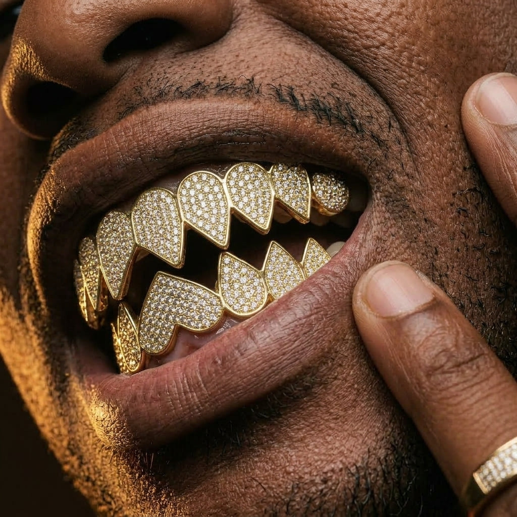 Gold Iced Out Heart Grillz Set