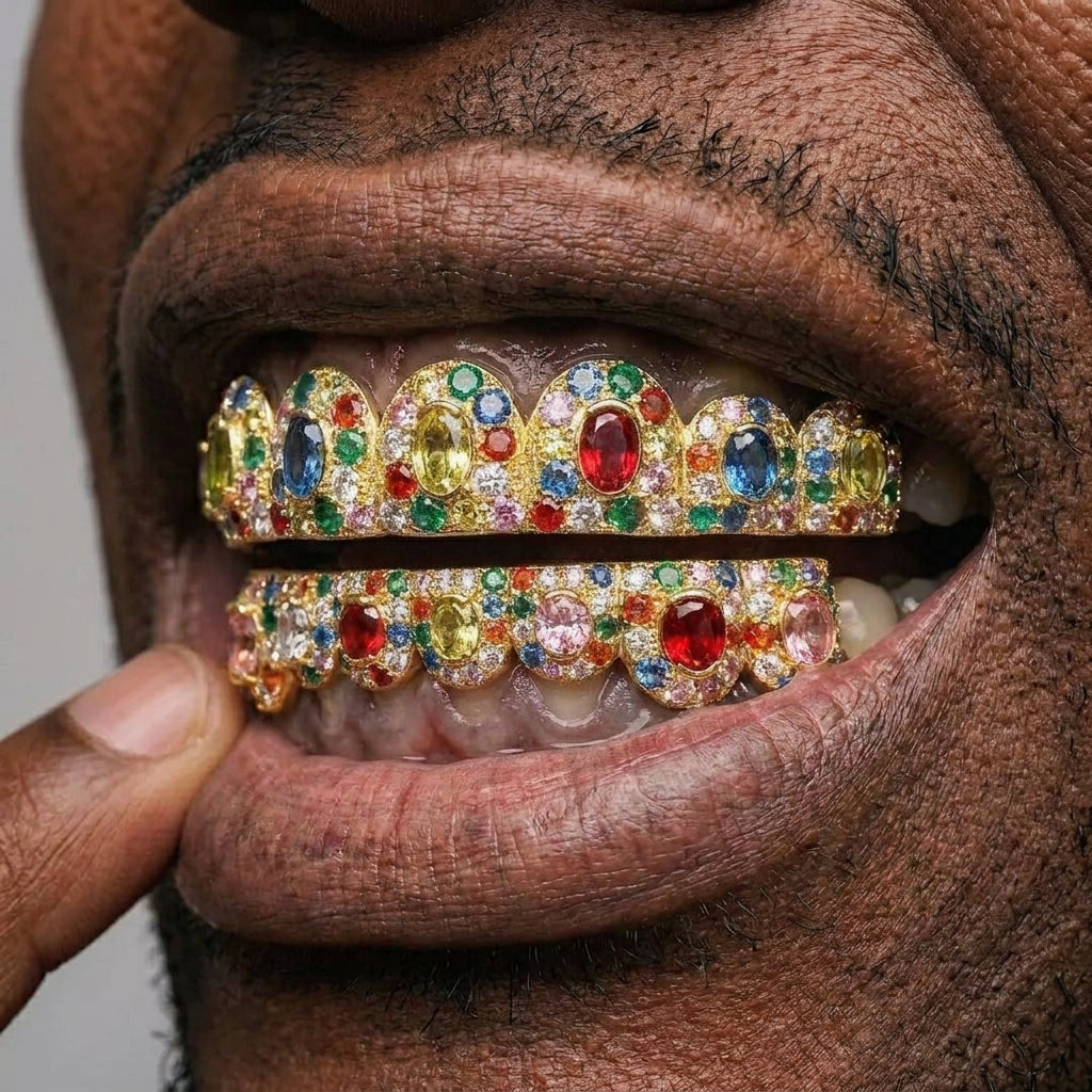 Multicolor Gem Cluster Grillz in Gold