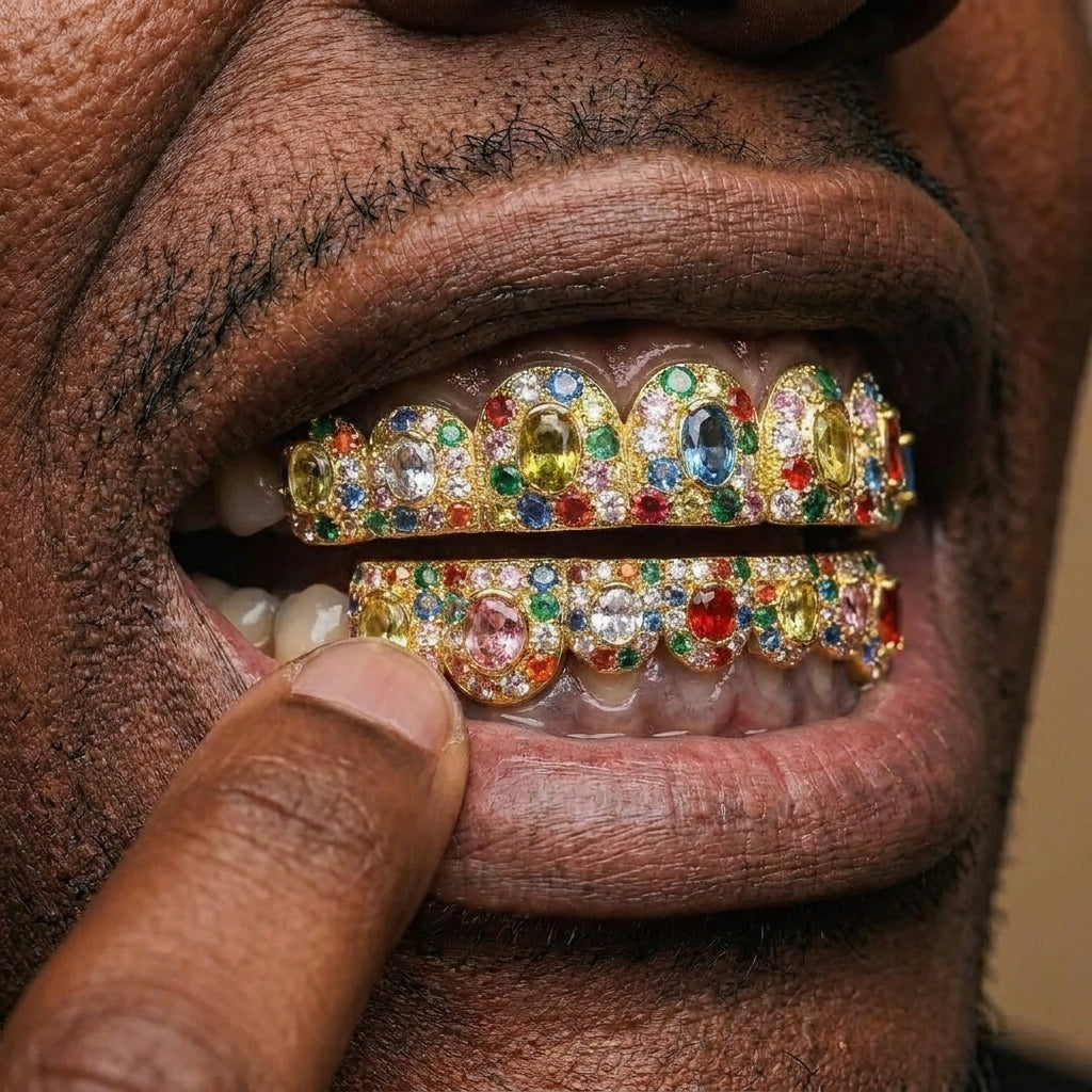 Multicolor Gem Cluster Grillz in Gold