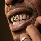 Ruby Diamond Halo Grillz in Gold