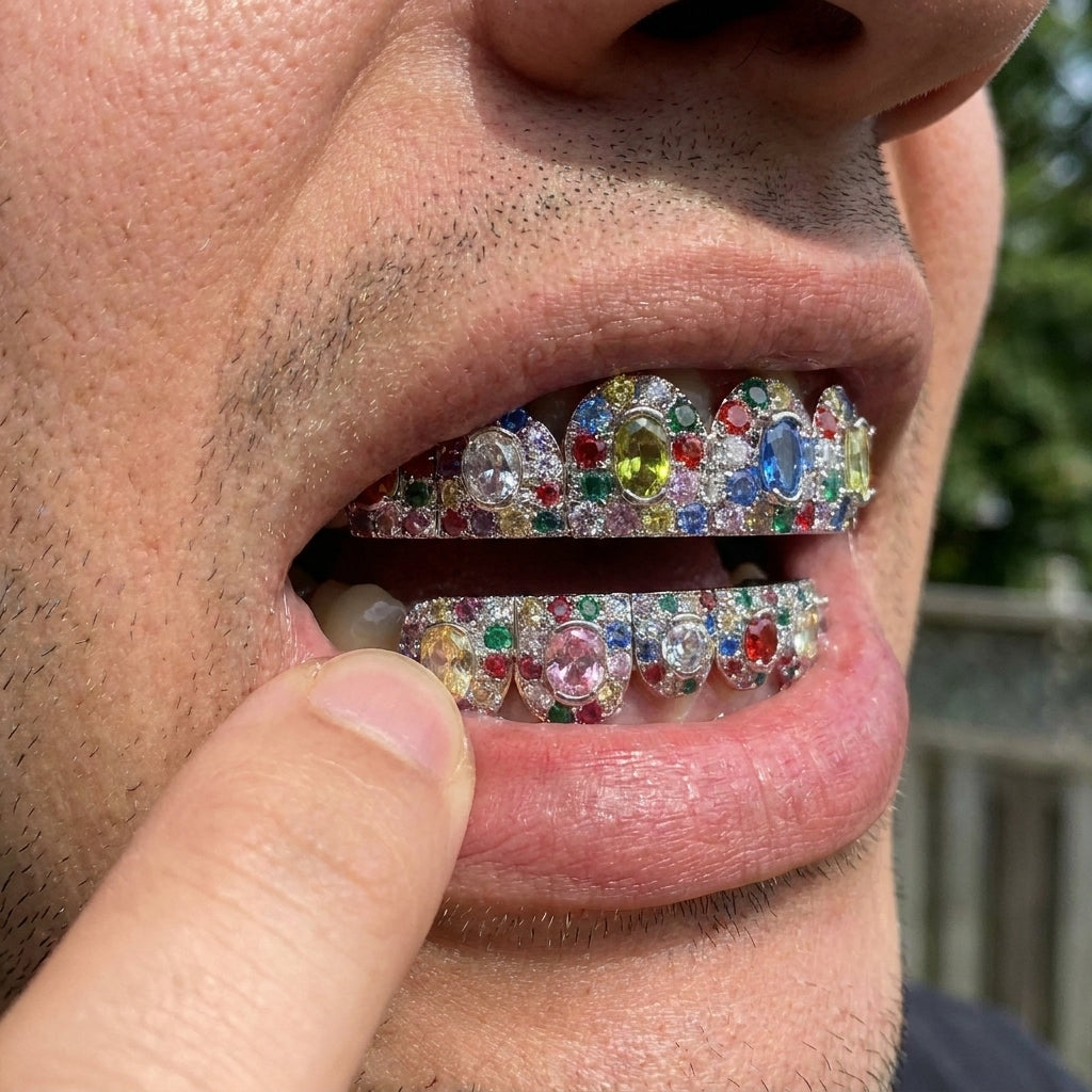 Silver Multicolor Gem Cluster Grillz