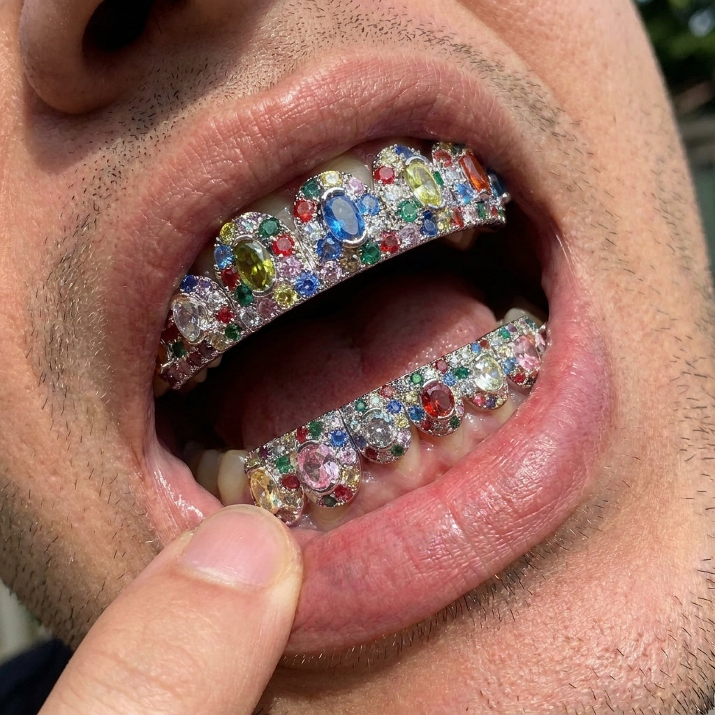 Silver Multicolor Gem Cluster Grillz