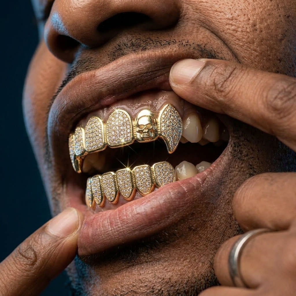 Iced Skull & Diamond Full Set Grillz in Gold