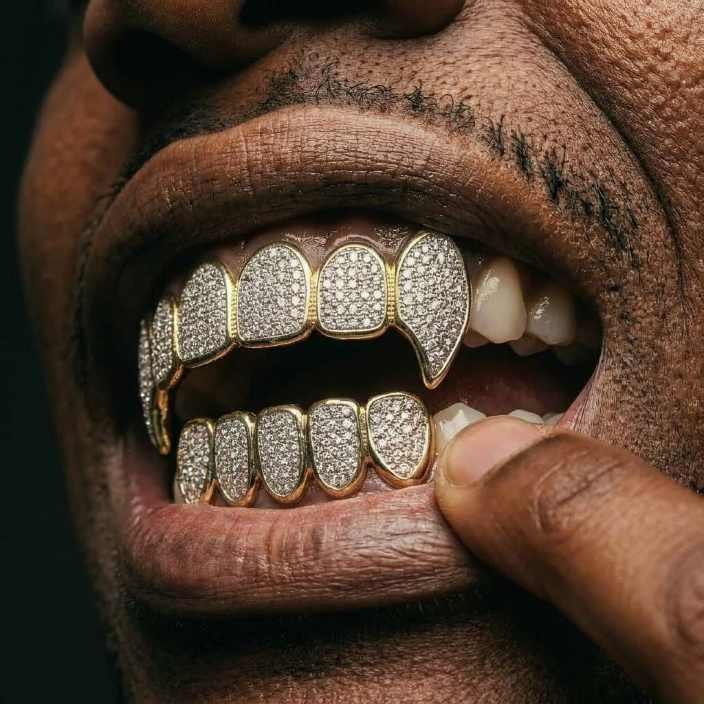 Iced Out Fang Grillz Set in Gold