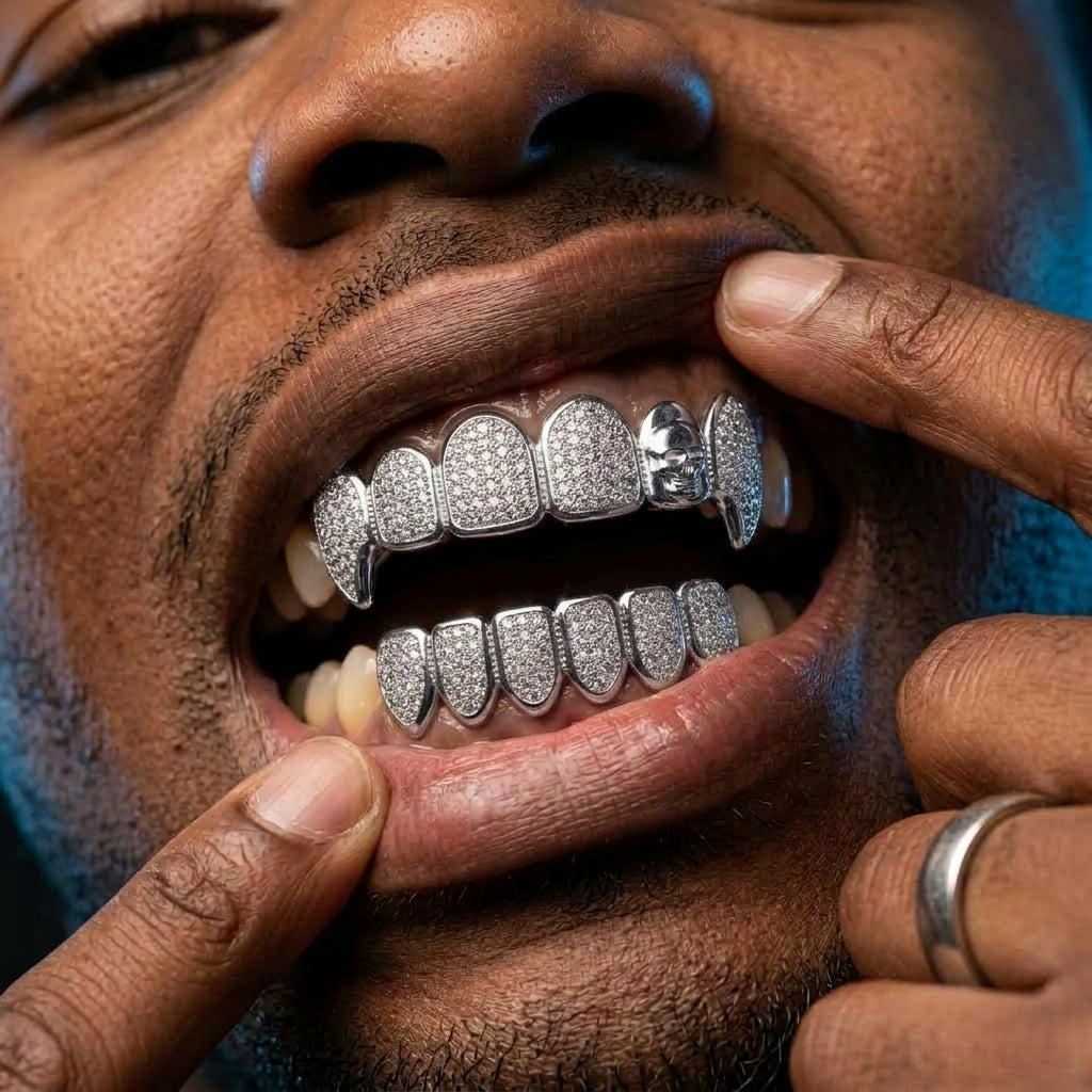 Iced Skull & Diamond Full Set Grillz in Silver